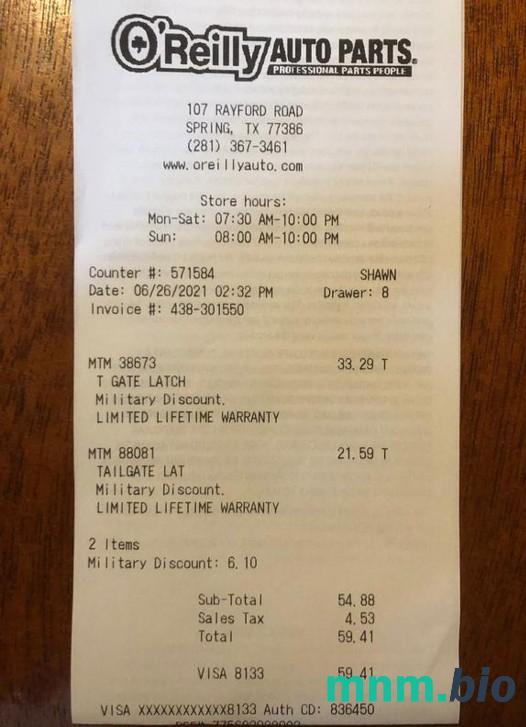 USA O'Reilly Auto Parts szablon pokwitowania płatności PSD